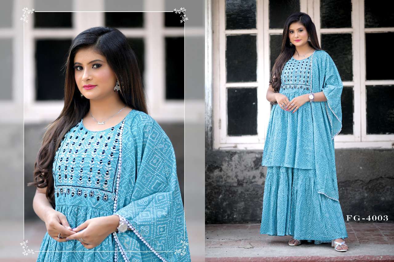 S3forever-Naaz-Pure Cotton-Classy-Printed-Hand-Embroidery-Mirror-Work-Kurti-Sharara-Dupatta-4003
